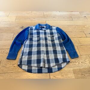 Wrangler XLong Tails Plaid Denim Western‎ Pearl Snap Long Sleeve Button Up